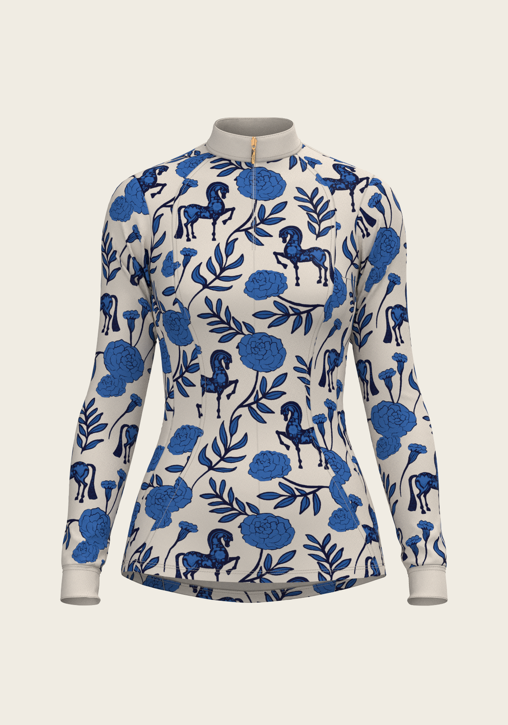 Blue | Peony in Quarter Zip Sun Shirt, quarter-zip sun shirt with peony print, front view