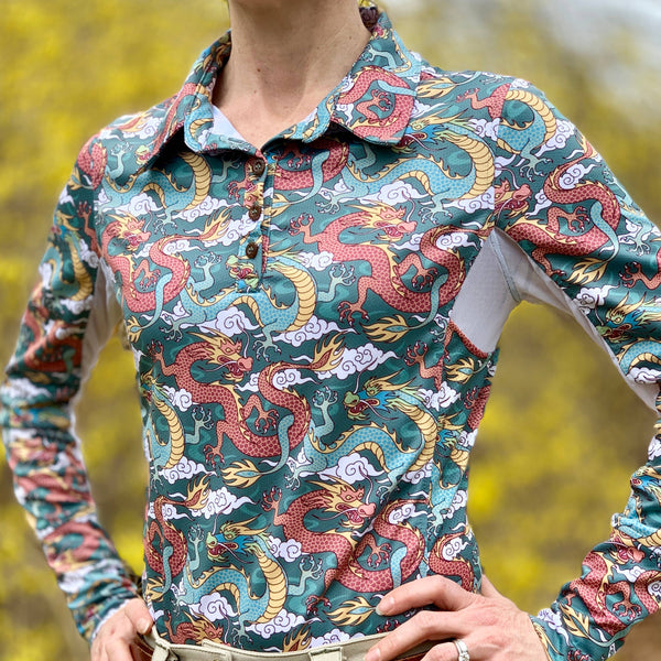 Green/Rust | Long Sleeve Athletic Polo - Dragons, long-sleeve athletic polo with dragon print, front view