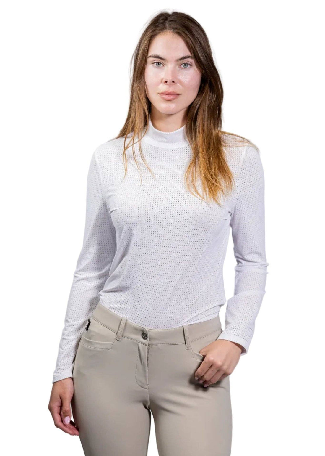 White | Alesia Shirt, mock-neck shirt in white, front view on model