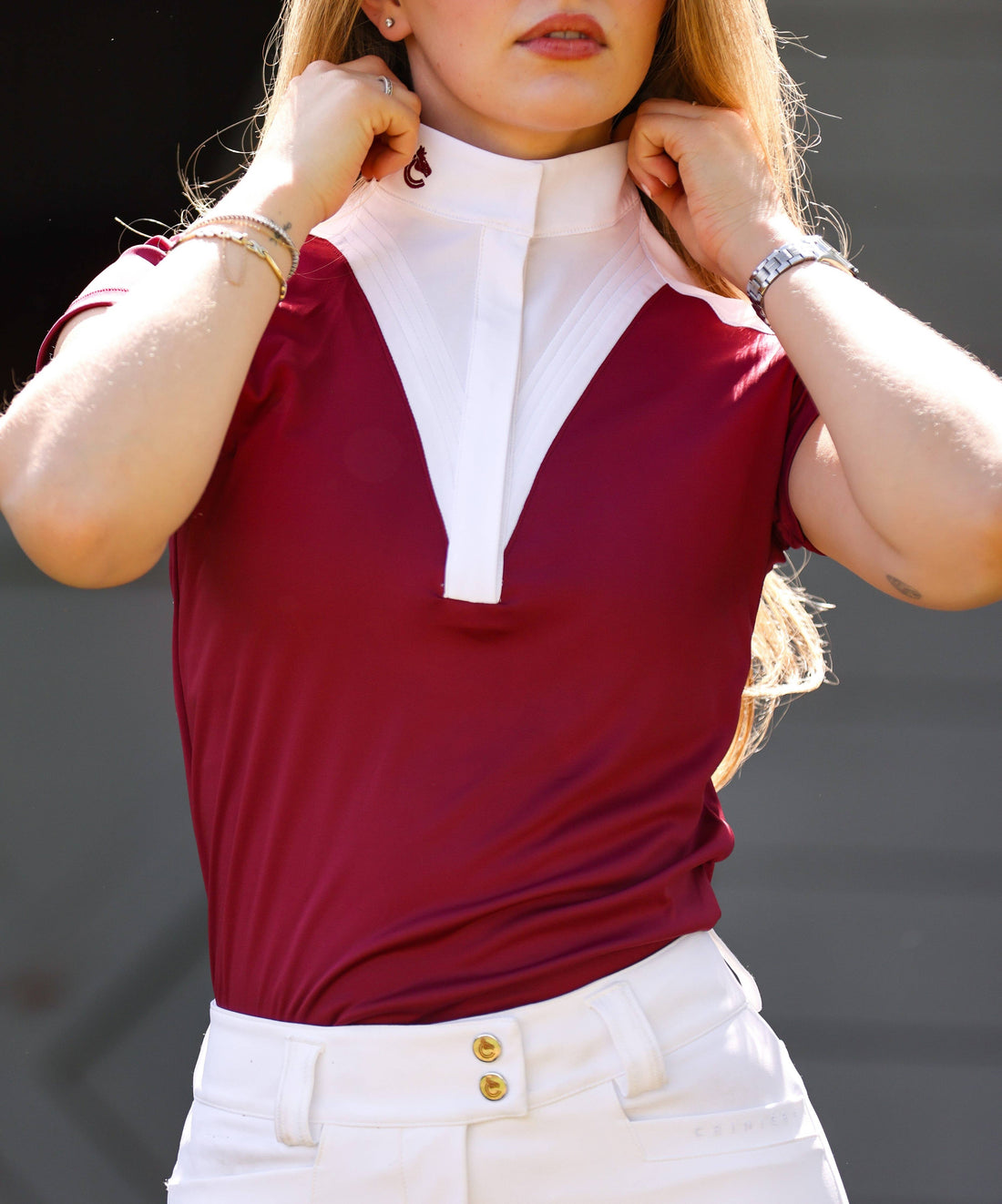 Burgundy | Margot Show Shirt, close-up of the collar and bib