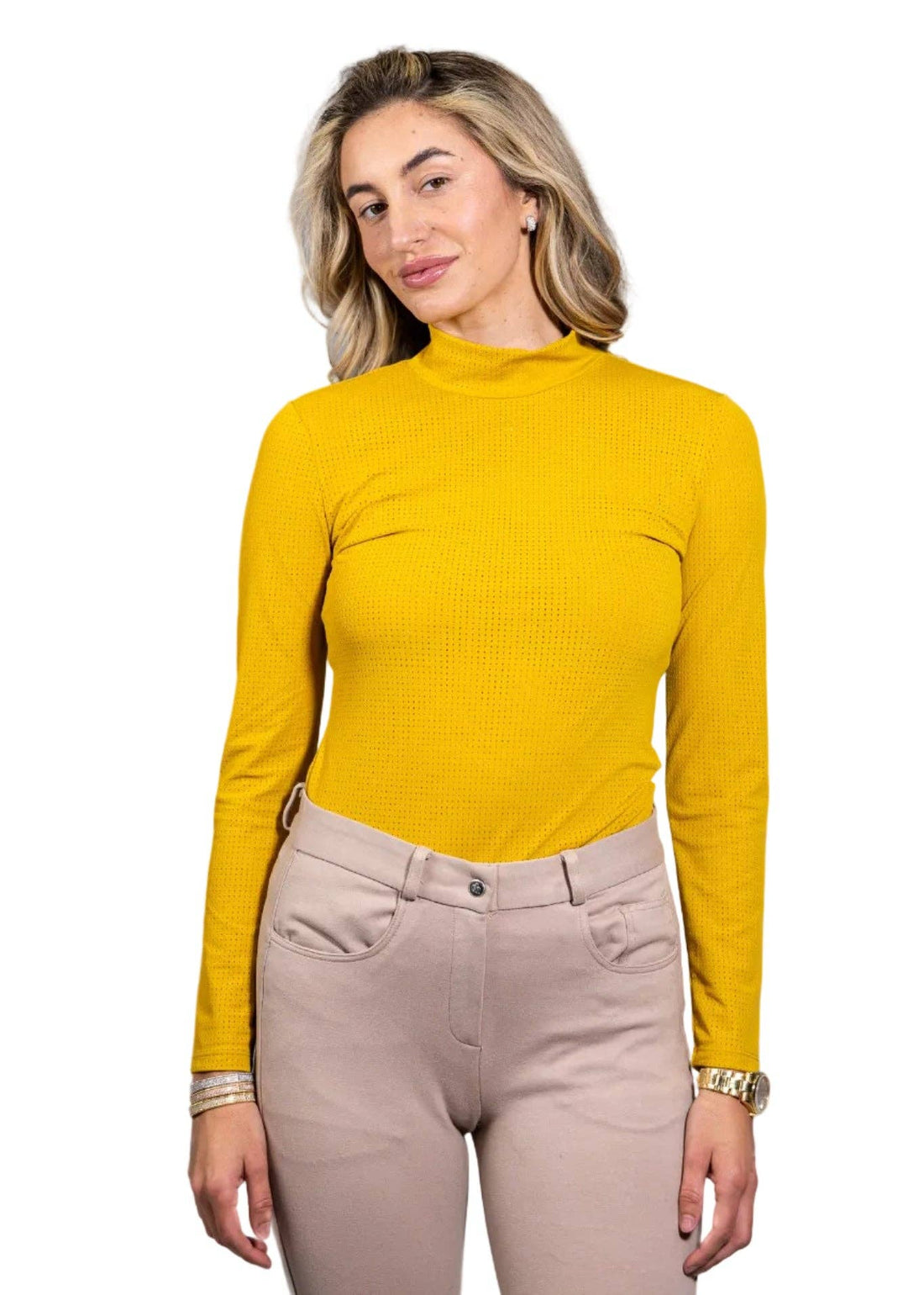 Tuscany | Alesia Shirt, mock-neck shirt in tuscany yellow, front view on model