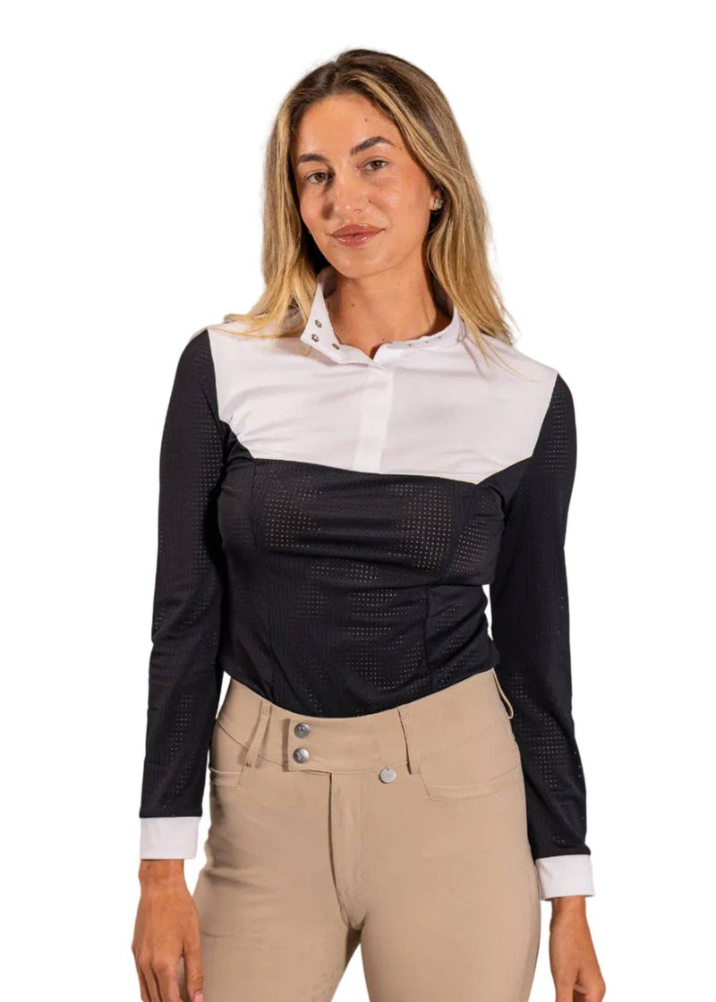 Black | Pauline Shirt in Snap / Jet Black, show shirt with white bib on model