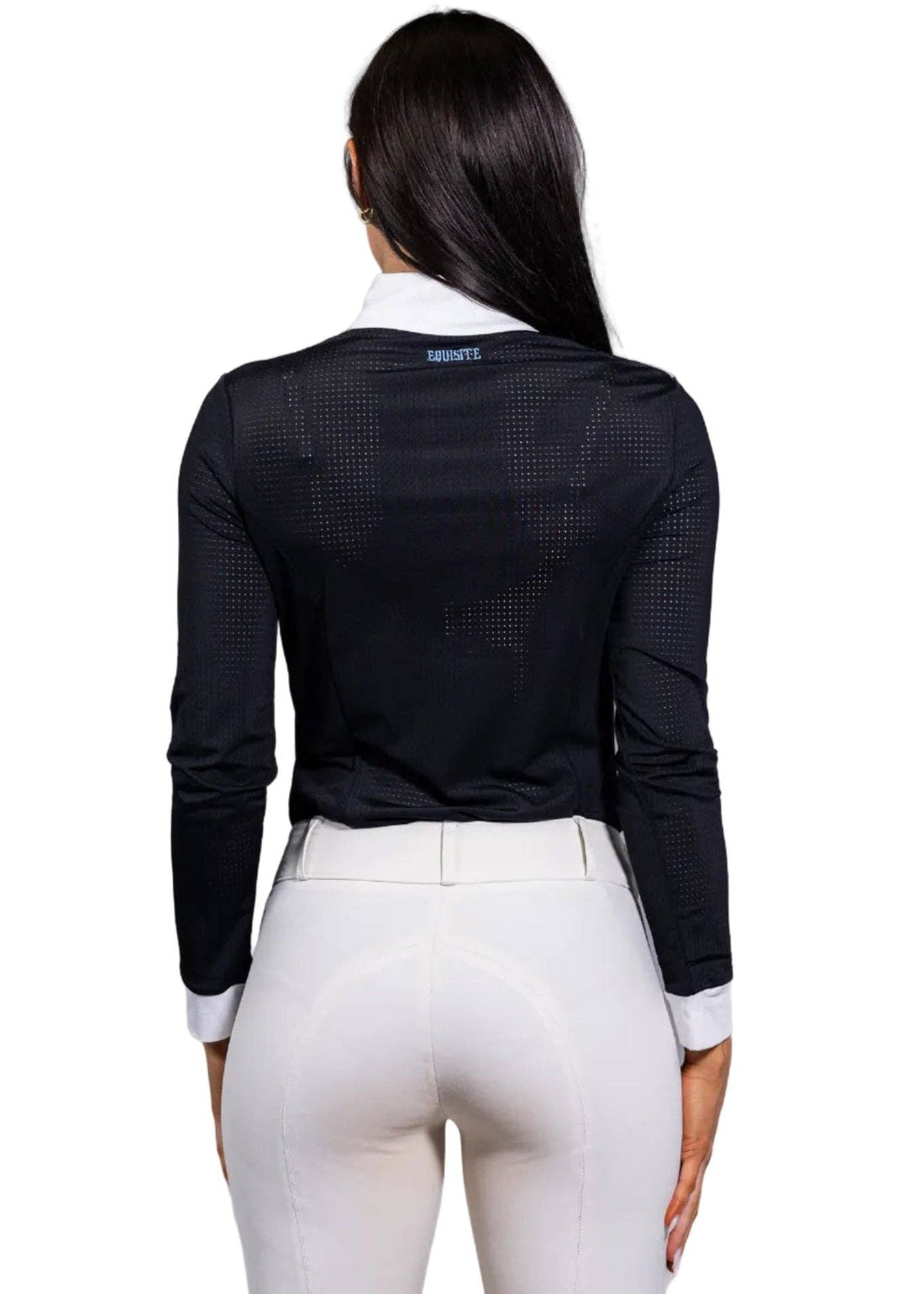 Black | Pauline Shirt in Snap / Jet Black, back view on model with white breeches