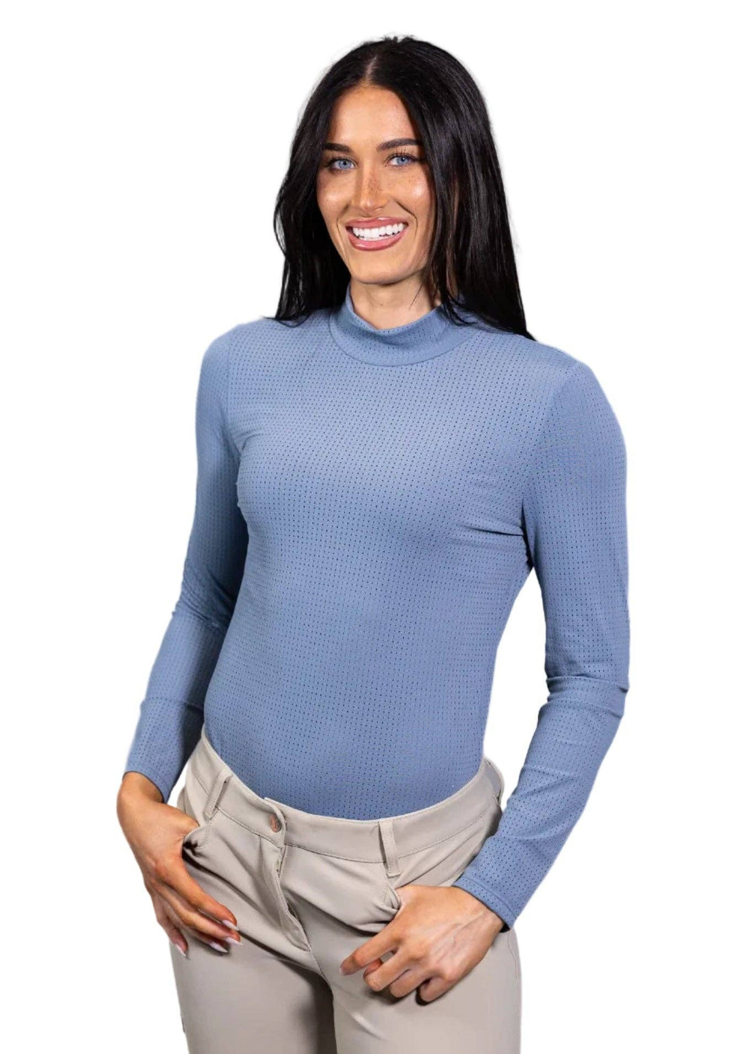Sea Stone | Alesia Shirt, mock-neck shirt in sea stone, front view on model