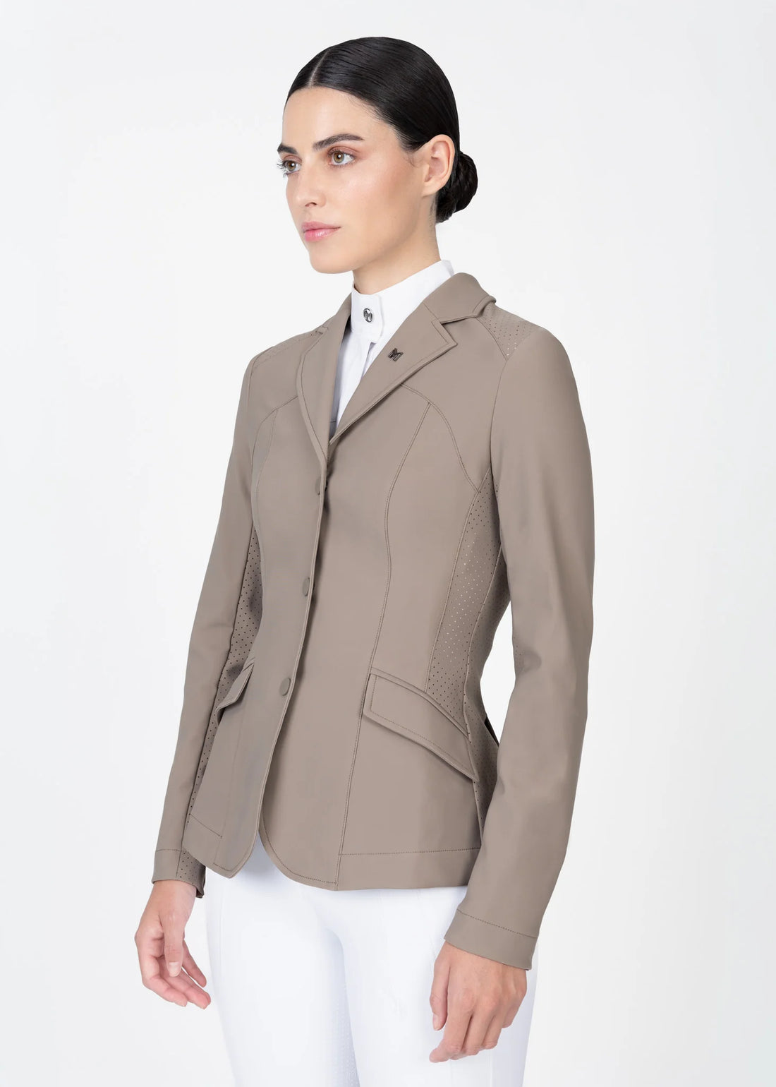 Taupe | Aura Show Jacket – MAXIMILIAN Equestrian, three-quarter front view on model