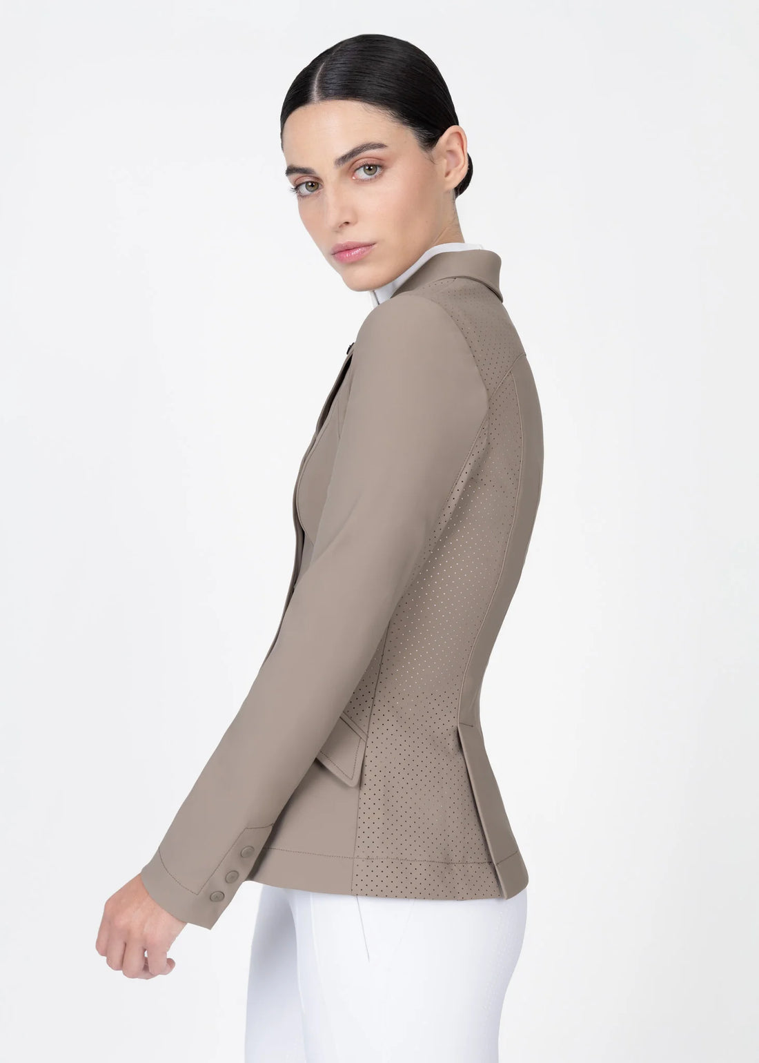 Taupe | Aura Show Jacket – MAXIMILIAN Equestrian, side view on model