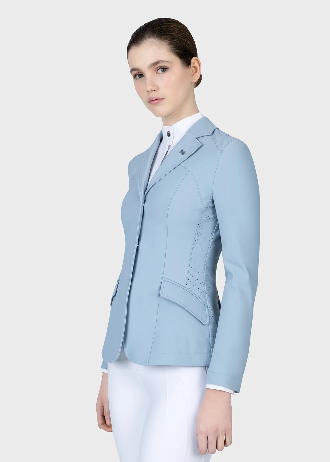 Aqua | Aura Show Jacket – MAXIMILIAN Equestrian, show jacket three-quarter front view on model