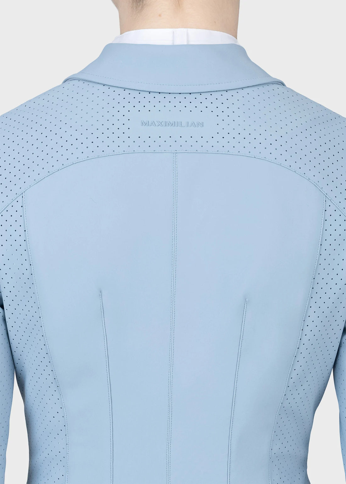 Aqua | Aura Show Jacket – MAXIMILIAN Equestrian, close-up of the perforated upper back and collar