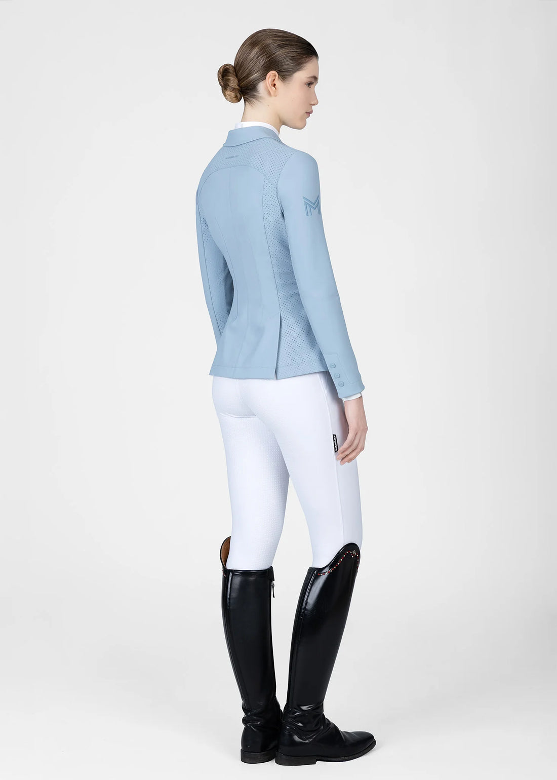 Aqua | Aura Show Jacket – MAXIMILIAN Equestrian, full-length back view on model with tall boots