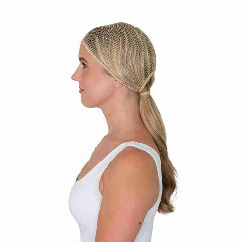 Platinum Blonde | Hairnet (pack of 2), hairnet over pale blonde hair, side view