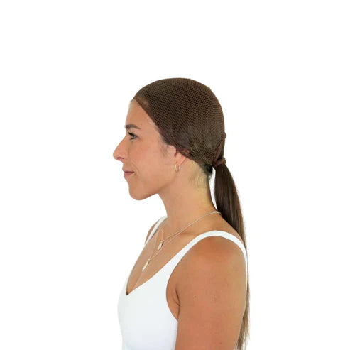 Medium Brown | Hairnet (pack of 2), hairnet over brown hair, side view