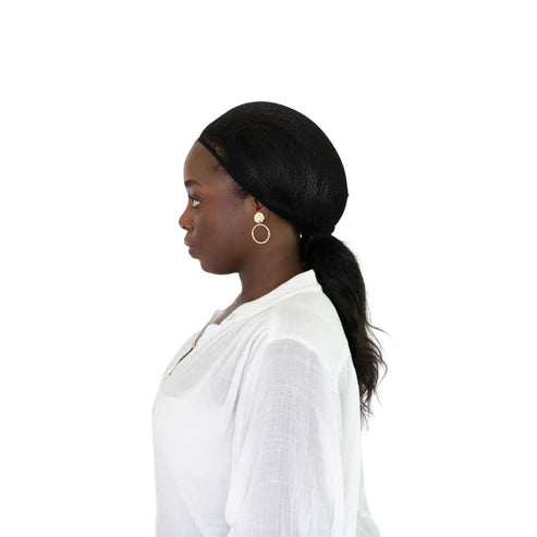 Black | Hairnet (pack of 2), hairnet over dark hair, side view