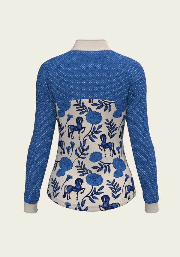 Peony in Blue | Peony Sport Mesh Quarter Zip Sun Shirt – Espoir, quarter-zip sun shirt with peony print, front view