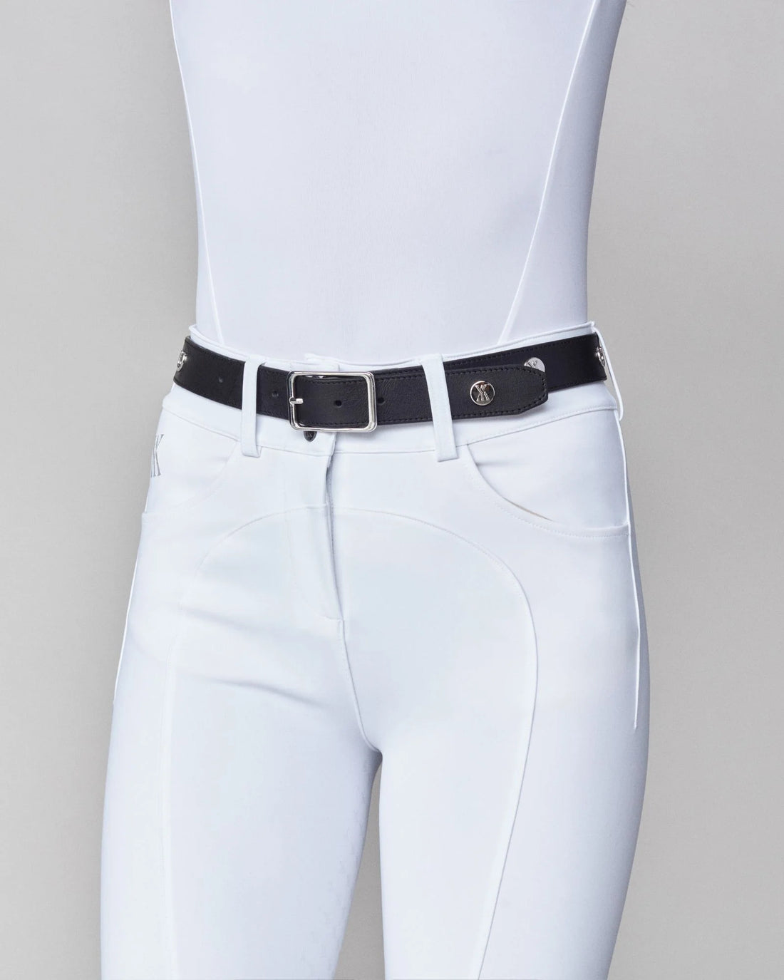 Black | Leather Buckle Belt, leather buckle belt worn with white breeches, front view