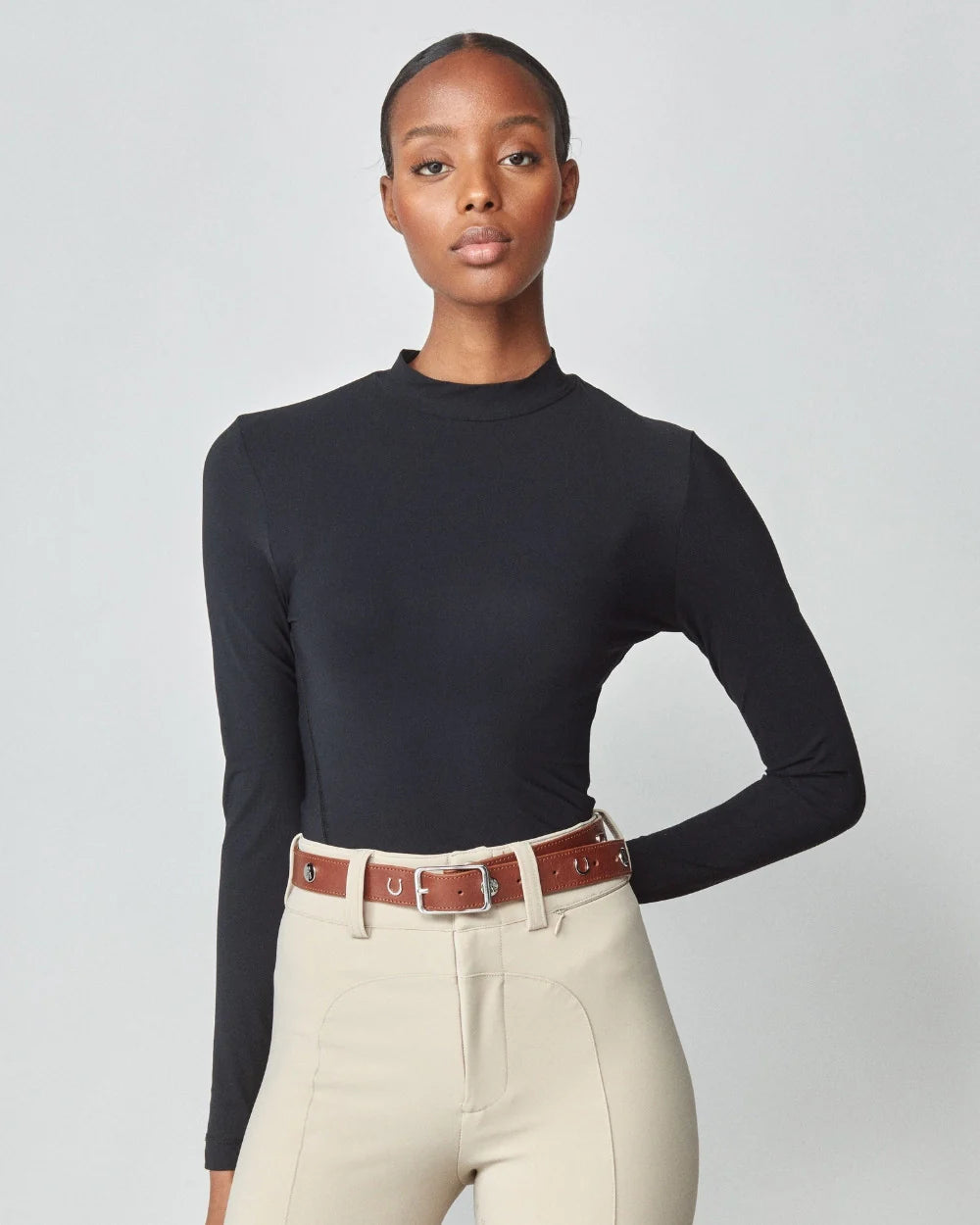 Brown | Leather Buckle Belt, brown leather buckle belt on model with beige breeches