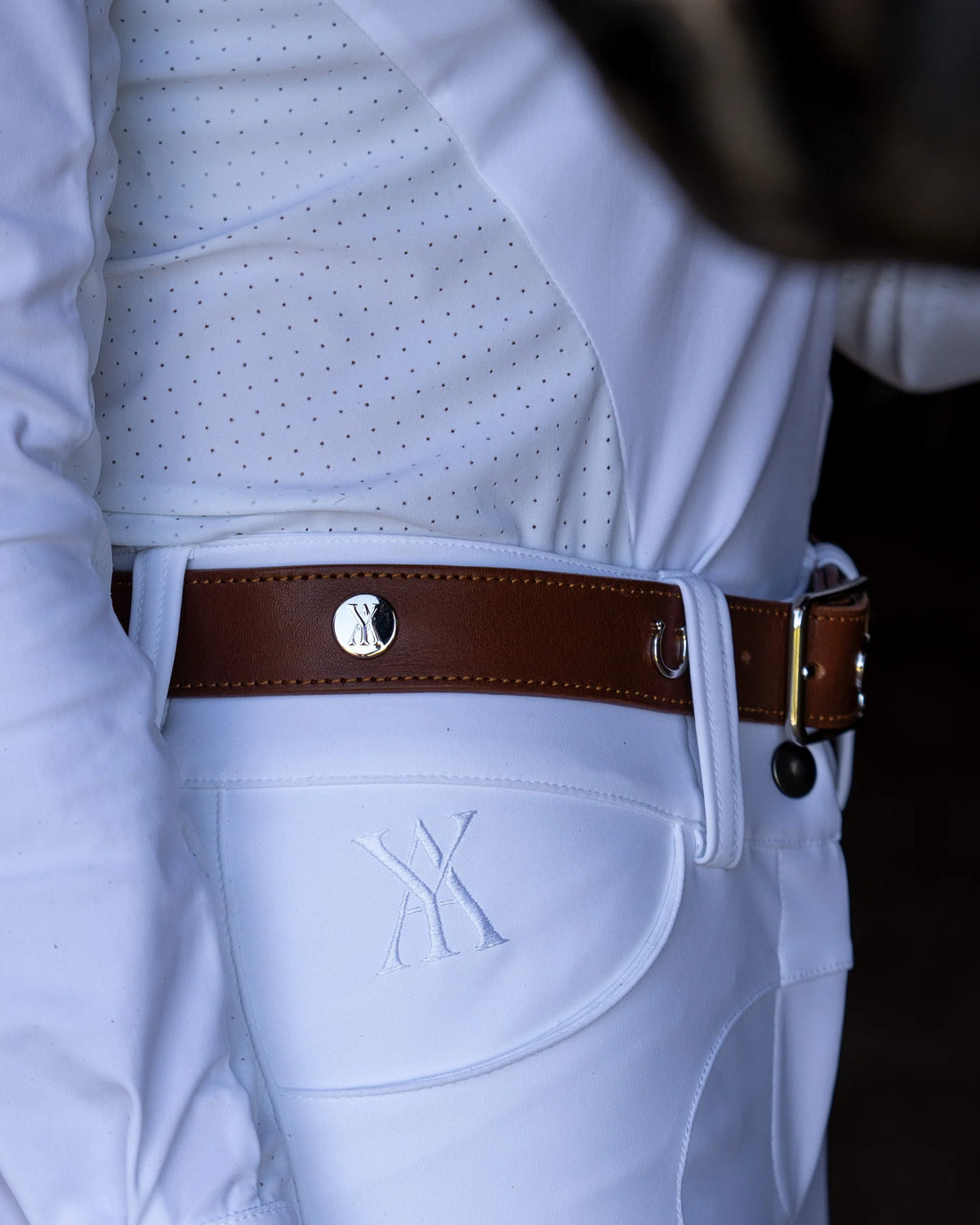Brown | Leather Buckle Belt, close-up of the belt worn with white breeches
