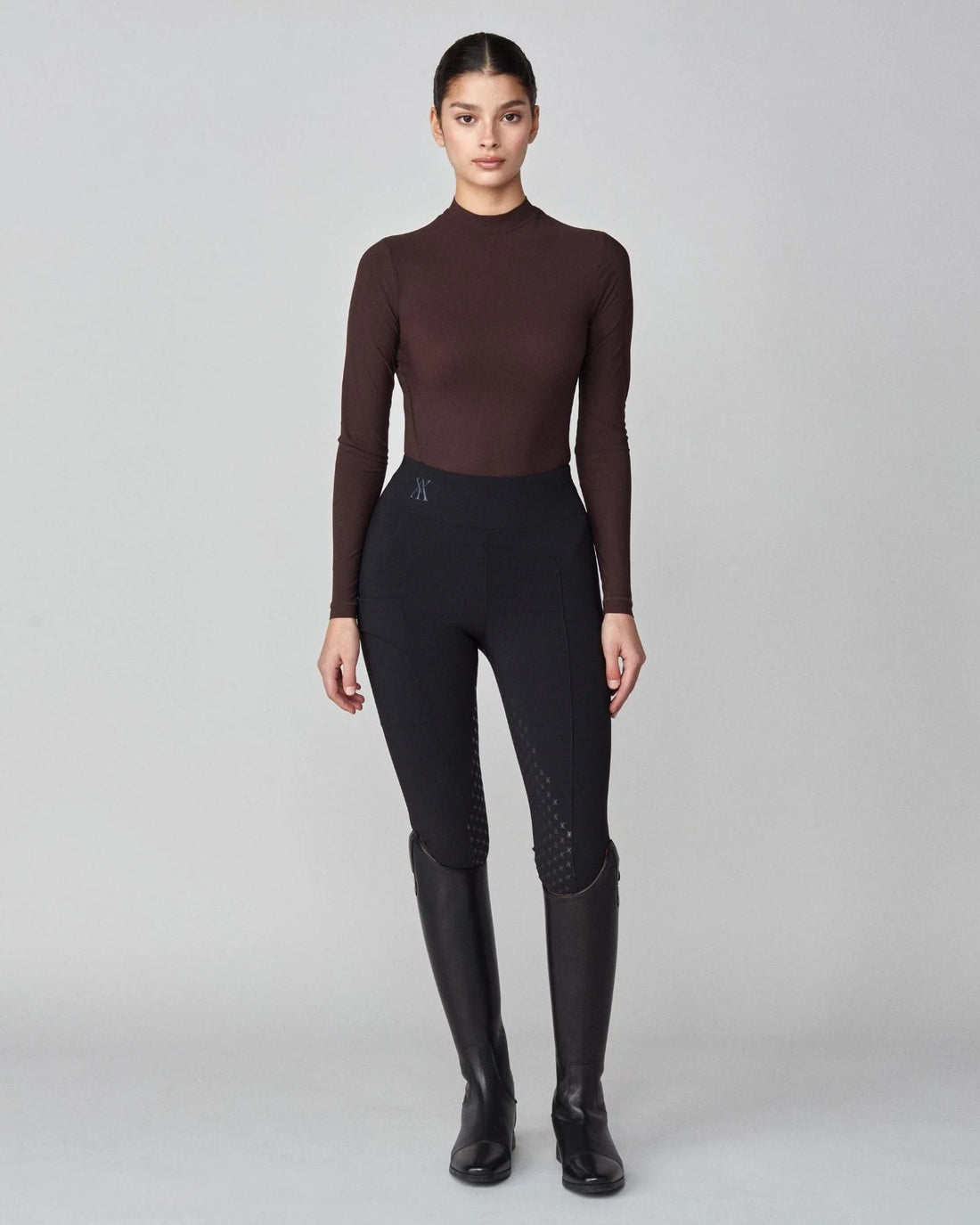 Dark Brown | Lightweight Long Sleeve, full-length front view on model with tall boots