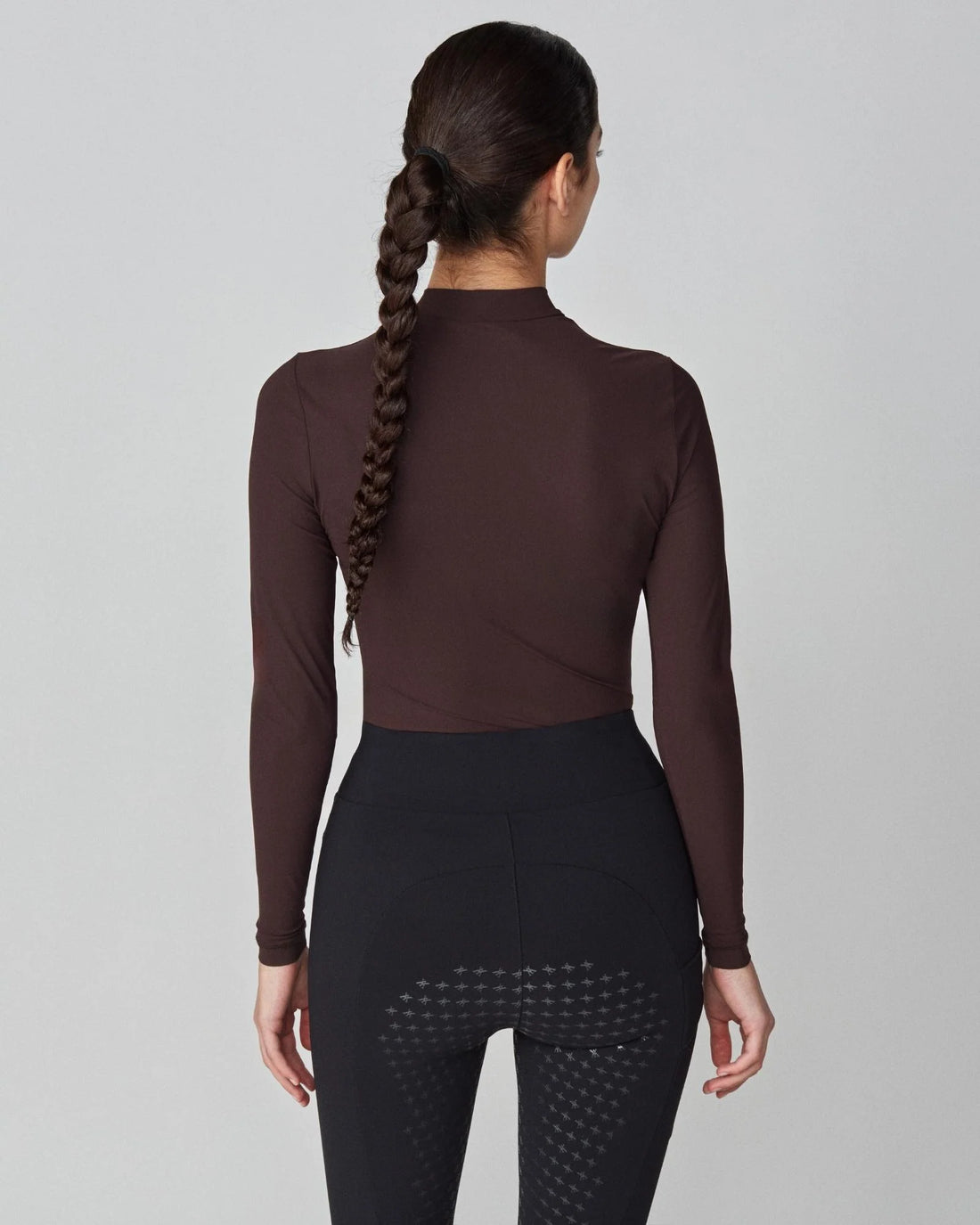 Dark Brown | Lightweight Long Sleeve, back view on model with a braid