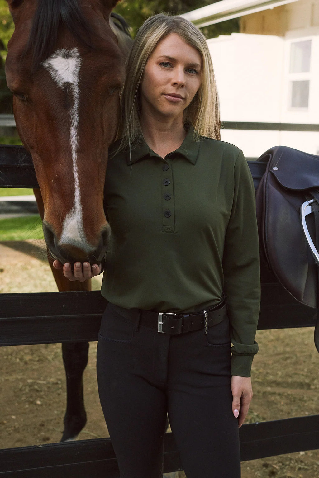 Kelly Technical Sport Pique Long Sleeve Polo – Olive – Solid Citizen Equestrian