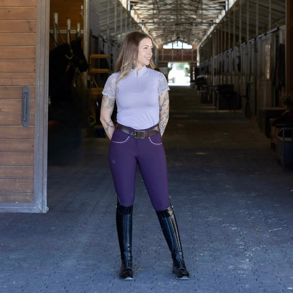 Light Amethyst | Halter Ego Charlie Short Sleeve Lace Riding Shirt, short-sleeve lace riding shirt on model in a barn aisle