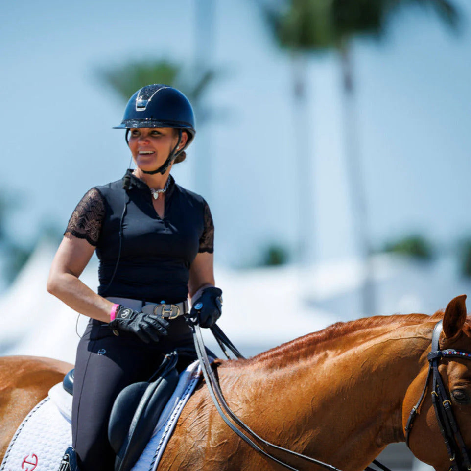 Black | Halter Ego Charlie Short Sleeve Lace Riding Shirt, short-sleeve lace riding shirt on a mounted rider