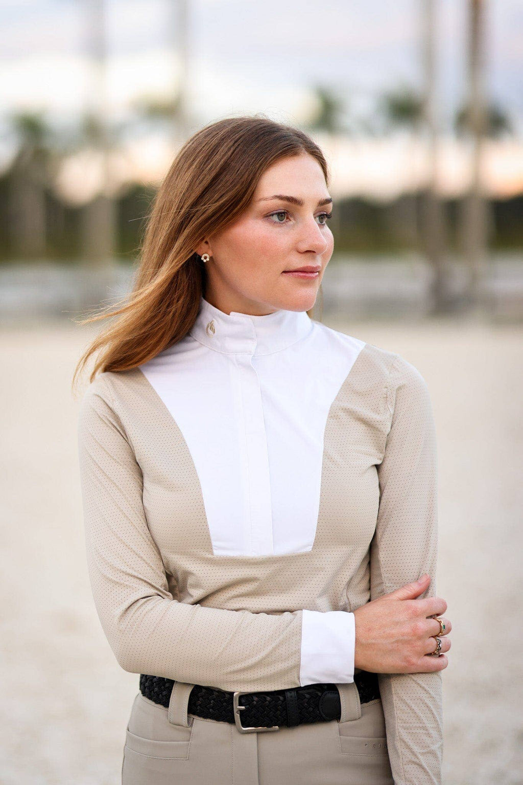 Beige | Helen Show Shirt, show shirt with white bib, three-quarter view on model