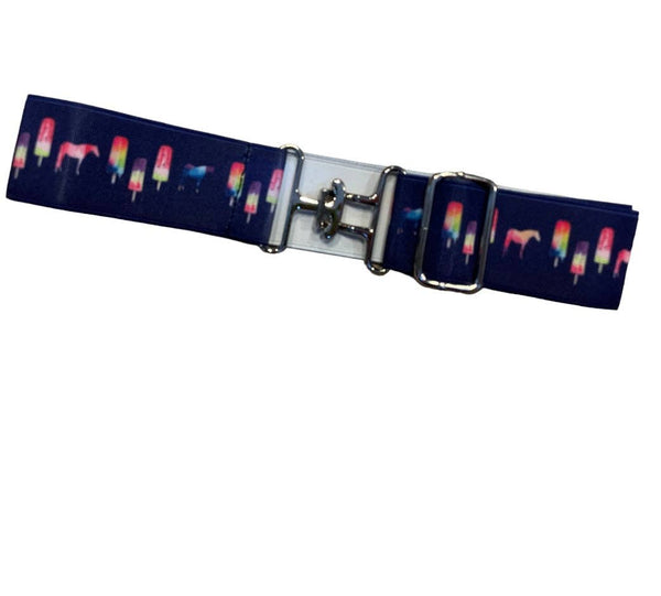 Navy adjustable elastic belt with a popsicle and pony print and silver buckle