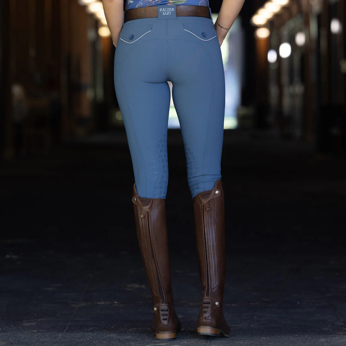 Carolina Blue | Halter Ego Evolution Mid Waist Ladies Knee Patch Breeches, knee patch breeches on model with tall boots