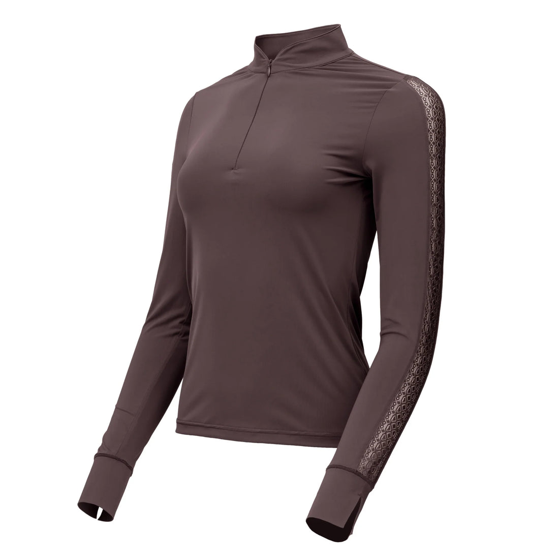 Brown | Halter Ego Annabelle Long Sleeve Lace Riding Top, long-sleeve lace riding top, flat product shot