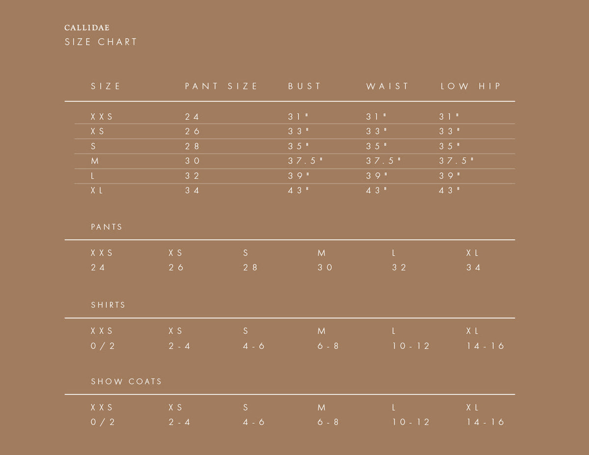 Callidae size chart
