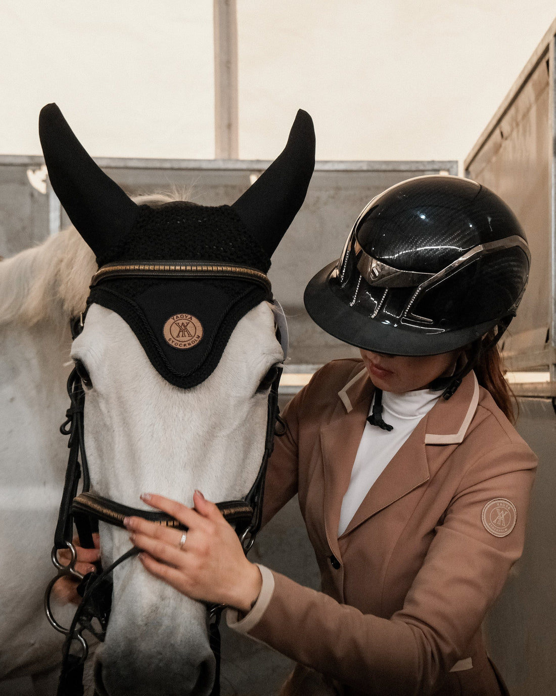 Camel | Contrast Show Jacket, on model beside a horse in a fly veil