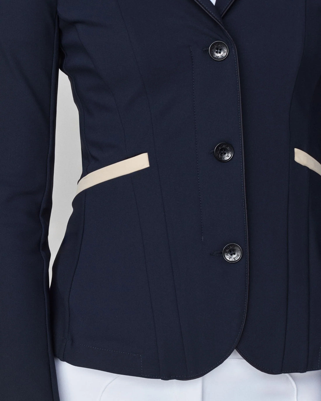 Midnight | Contrast Show Jacket, close-up of the buttons and contrast piping