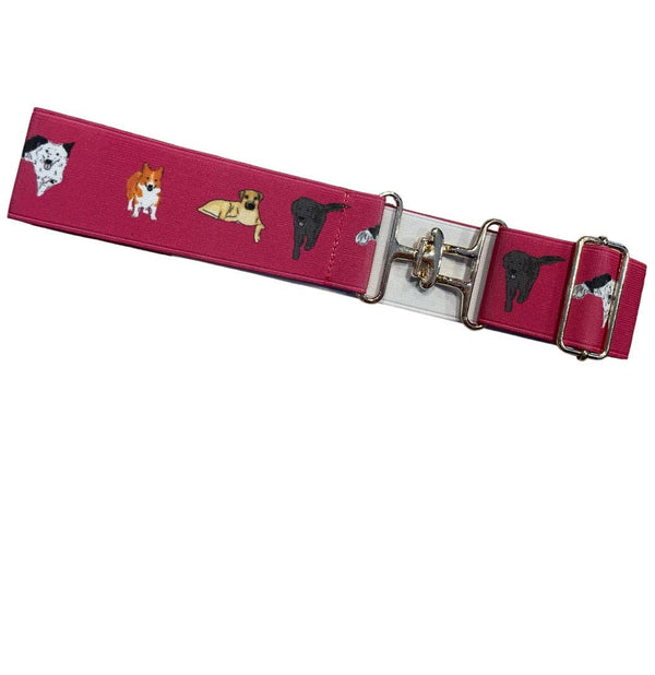 Raspberry pink adjustable elastic belt with a horse show dog print and silver buckle