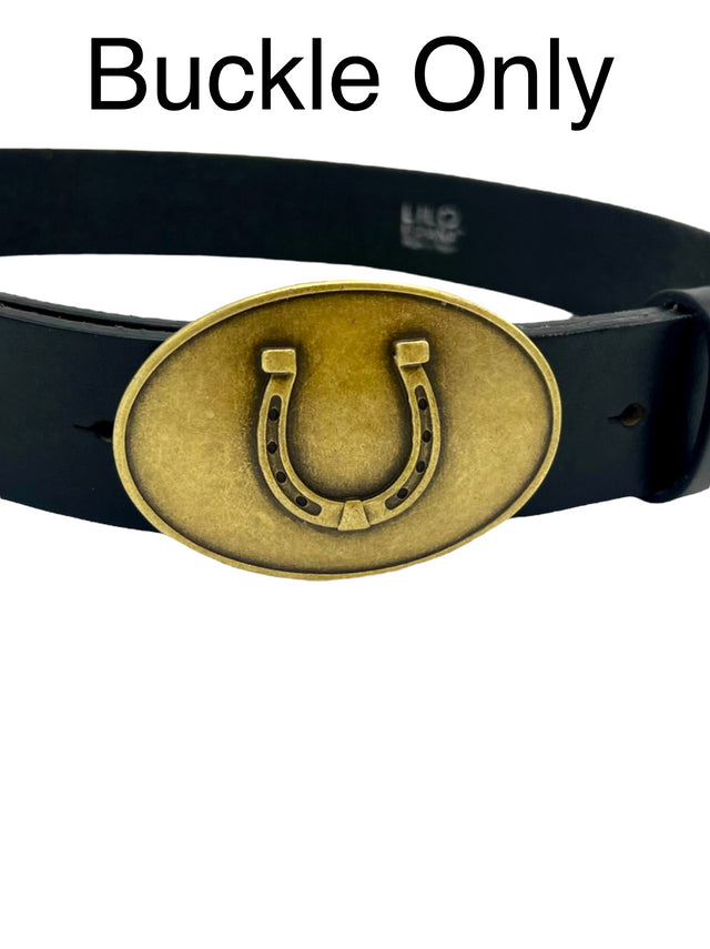 Gold | Ovalo Horseshoe Buckle, antique gold horseshoe buckle on a black belt