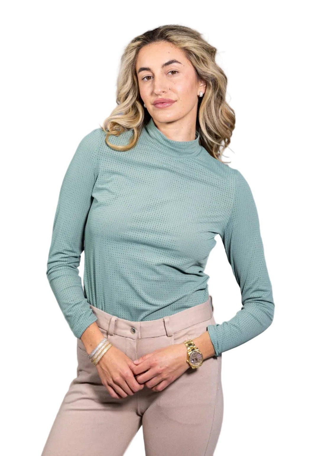 Eucalyptus | Alesia Shirt, mock-neck shirt in eucalyptus, front view on model