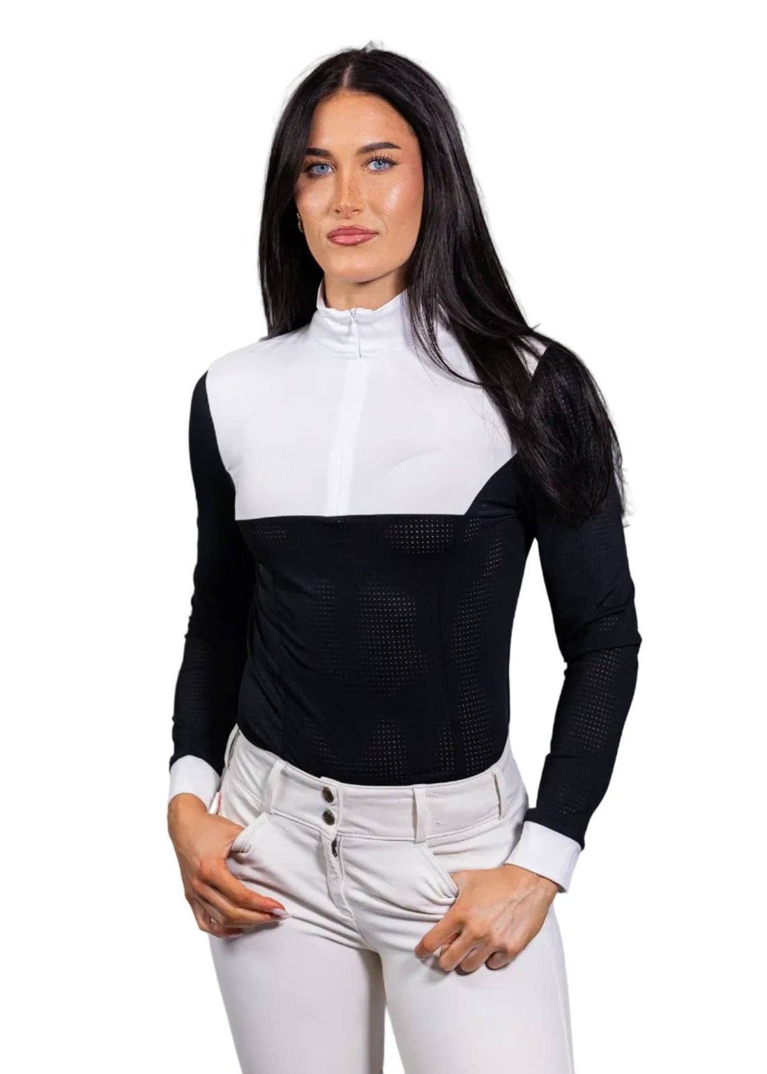 Black | Pauline Shirt in Snap / Jet Black, show shirt with white bib, front view on model