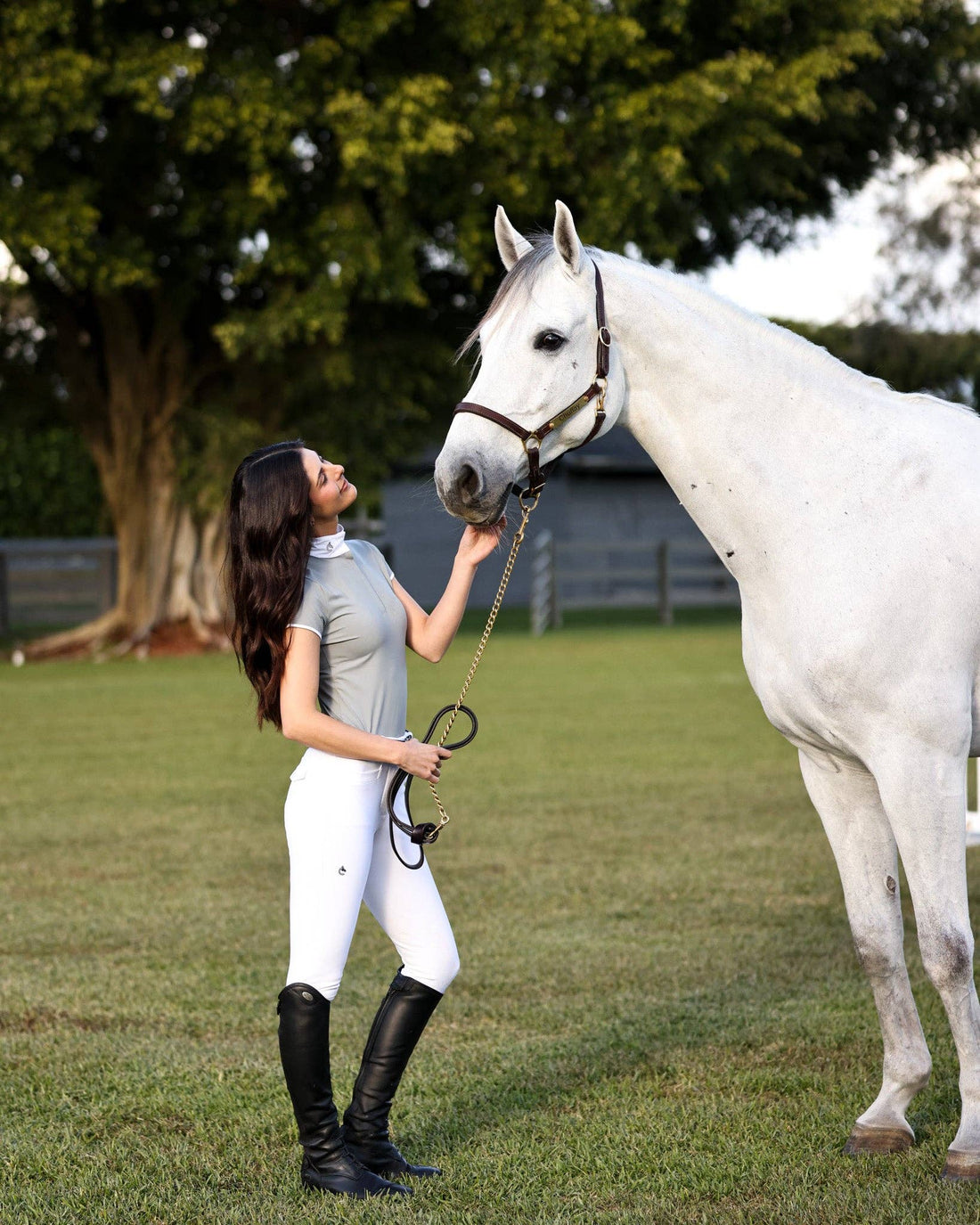 Gray | Bella Short Sleeve Show Shirt, full-length on model standing with a grey horse
