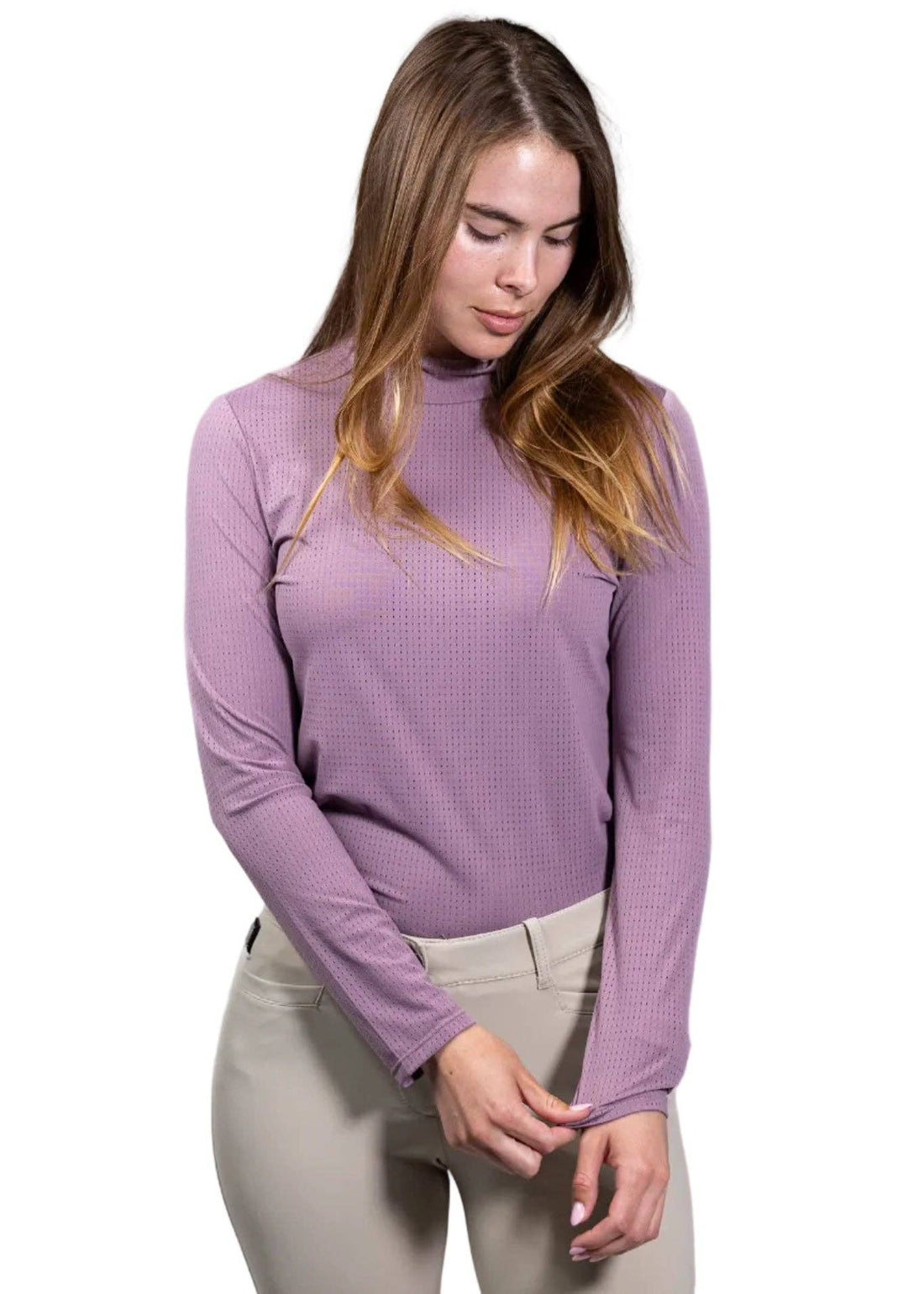 Peony | Alesia Shirt, mock-neck shirt in peony, front view on model