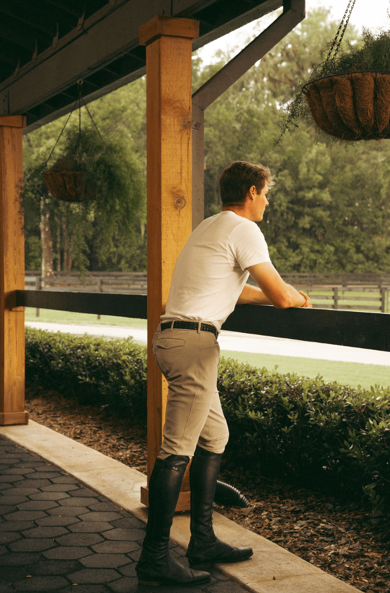 Beige | Mens Chadai Breeches, mens breeches on model leaning on a rail