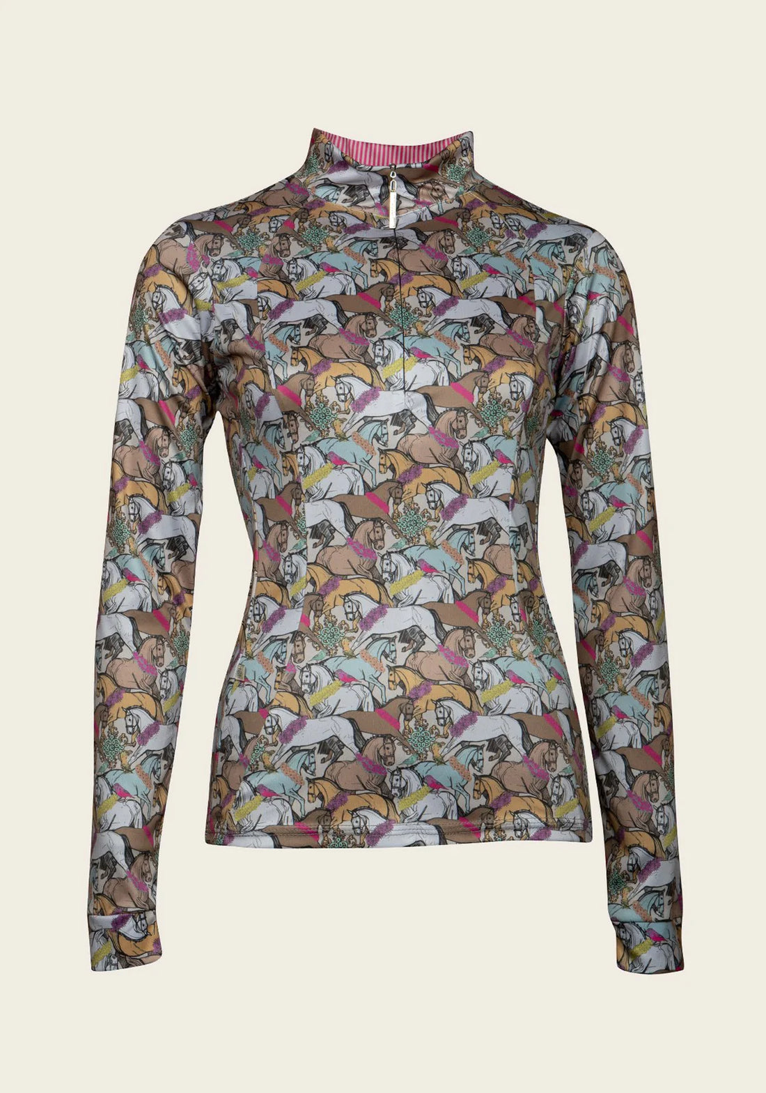 Espoir Flowered Horses Quarter Zip Sun Shirt