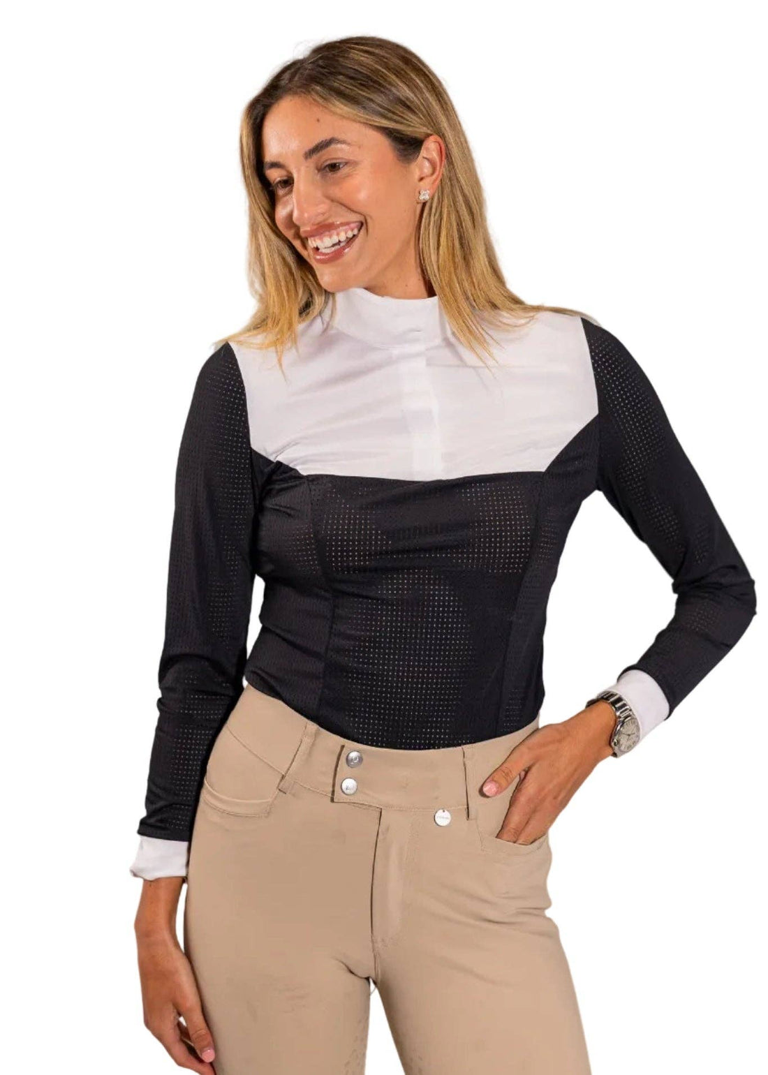 Black | Pauline Shirt in Snap / Jet Black, show shirt with white bib, three-quarter view on model
