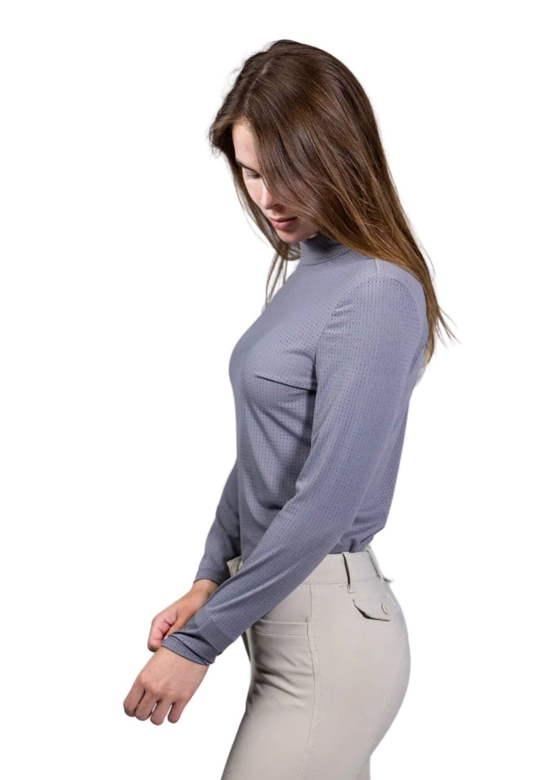 Dove Gray | Alesia Shirt, mock-neck shirt in dove gray, side view on model