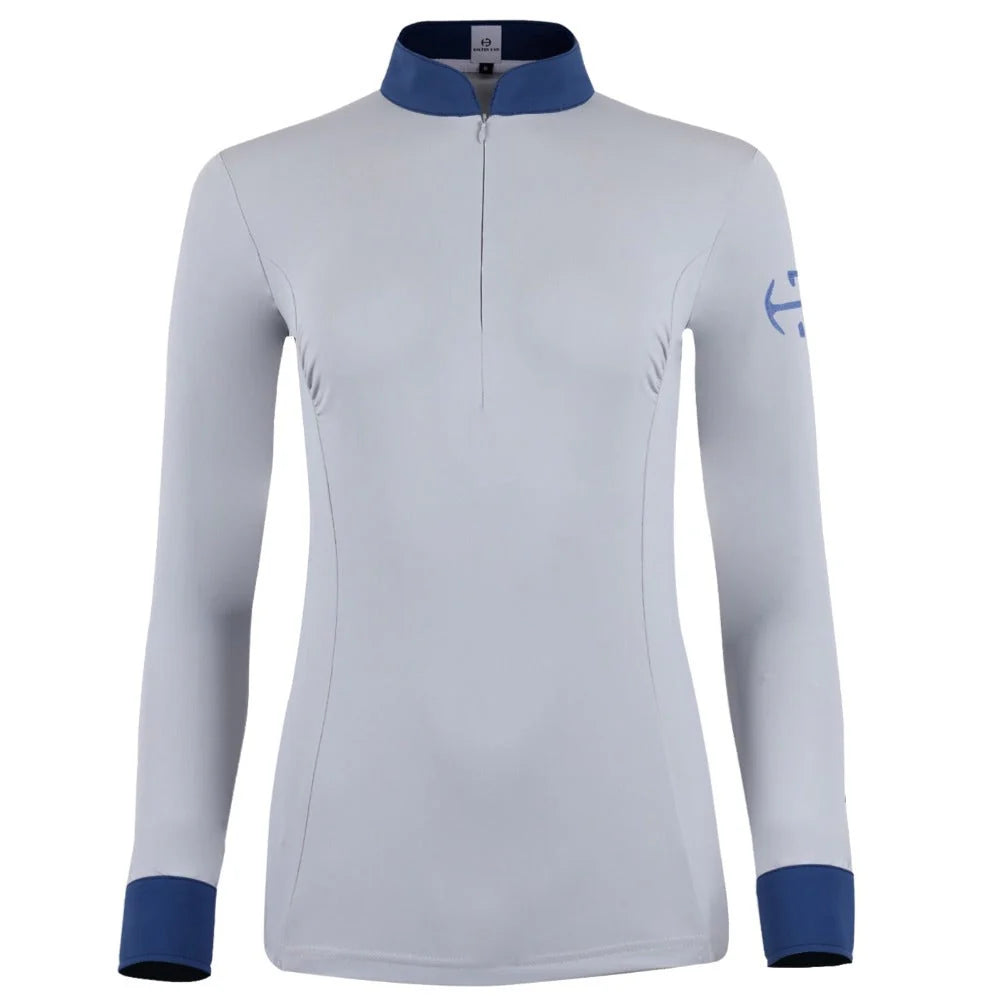 Luxe Gray | Halter Ego Roxana Long Sleeve Riding Shirt, long-sleeve riding shirt with navy trim, flat product shot