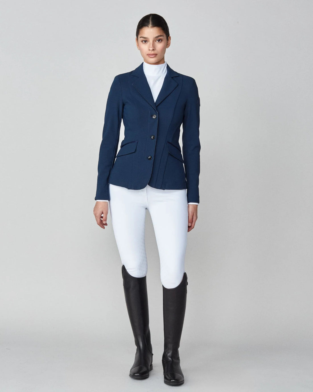 Navy | Performance Show Jacket, performance show jacket, full-length on model with tall boots