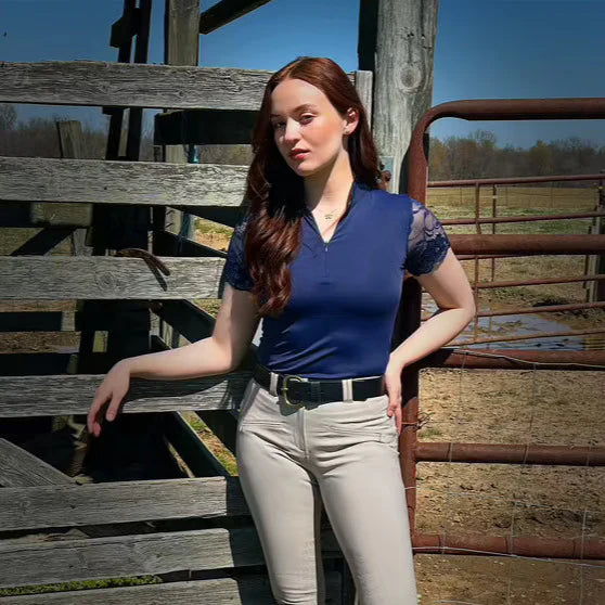 Navy | Halter Ego Tara Short Sleeve Lace Competition Shirt, short-sleeve lace competition shirt on model at a gate