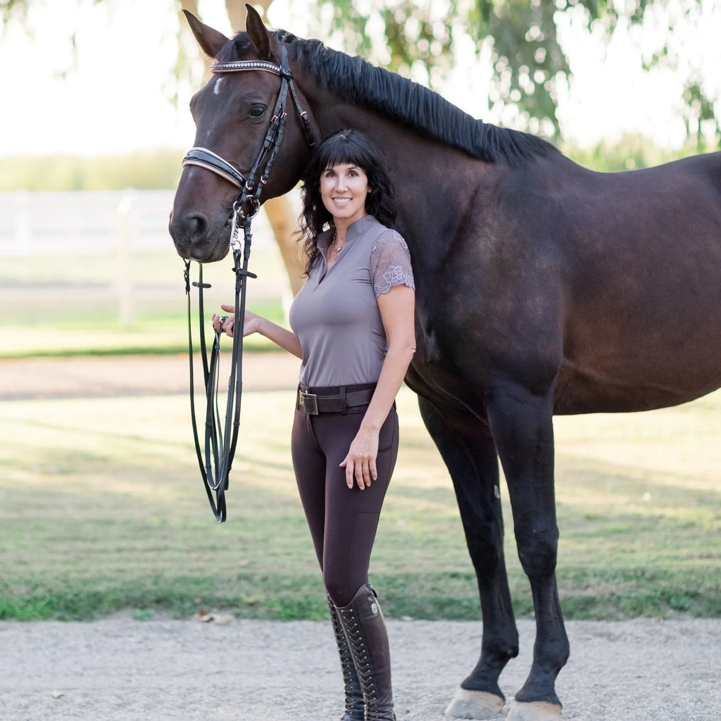 Taupe | Halter Ego Tara Short Sleeve Lace Competition Shirt, short-sleeve lace competition shirt on model with a horse